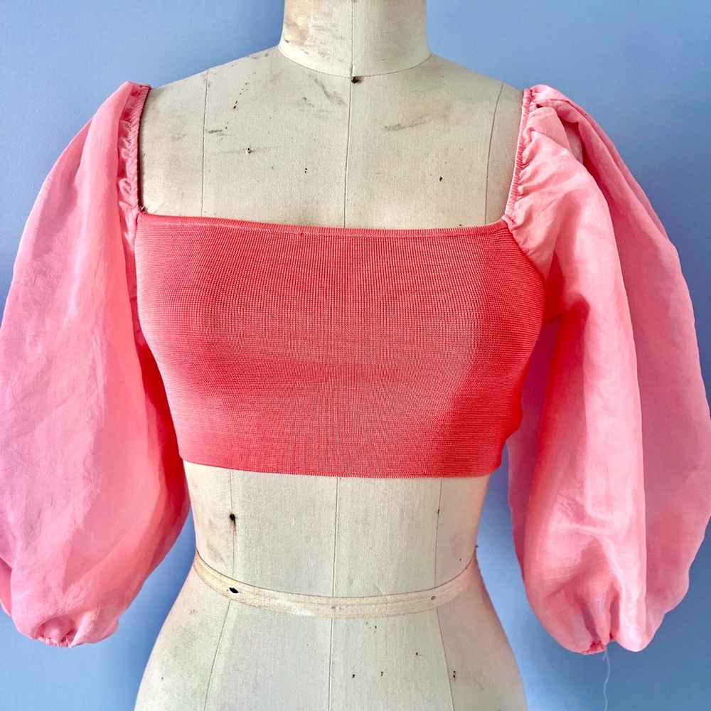 Zara - Organza Balloon Sleeve Combination Crop Top - Size M - Pink